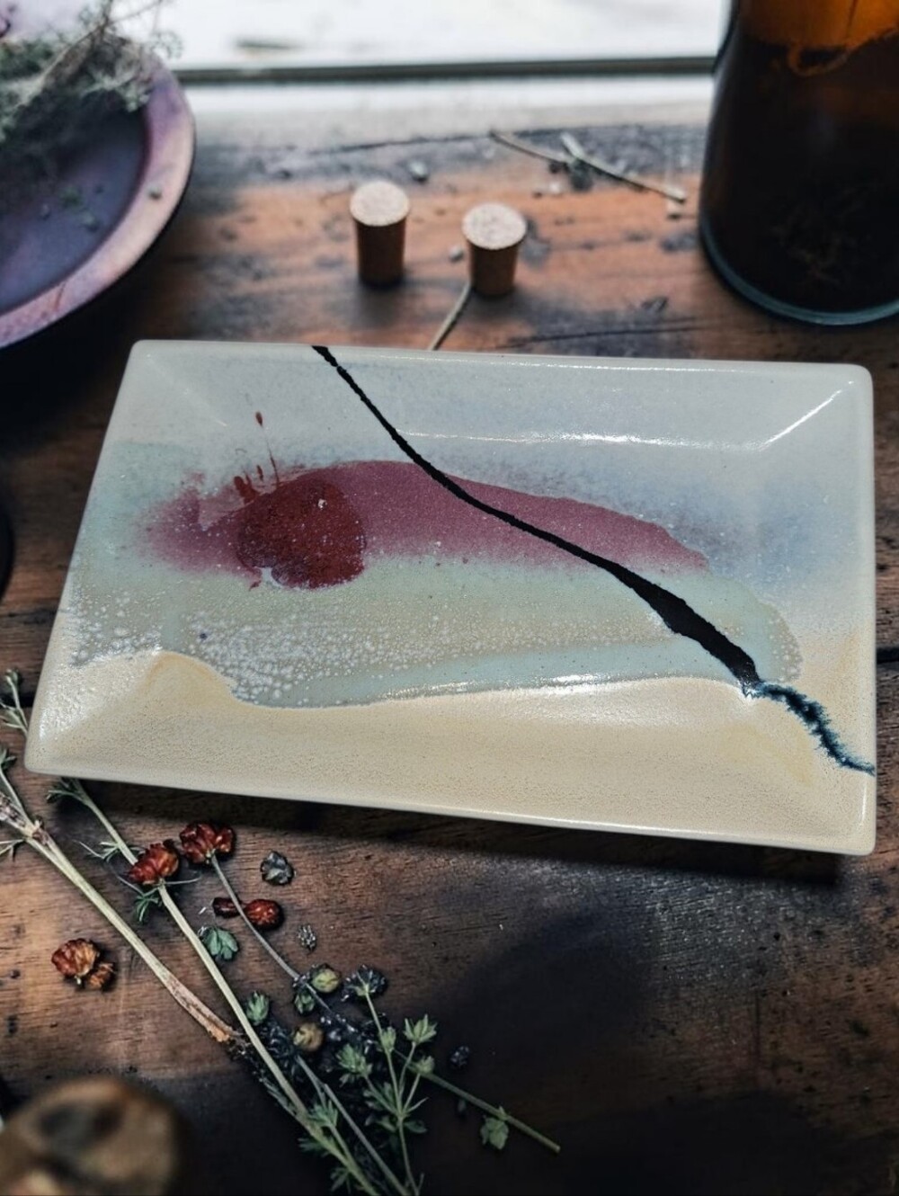 Studio Pottery Abstract Glaze Serving Plate Artist Signed